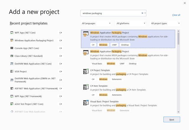 Adding a Windows Application Packaging Project